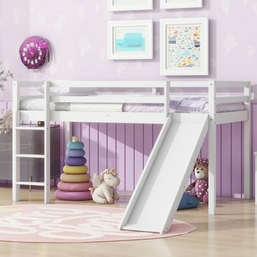 Miniyam Wood Twin Size Loft Bed with Slide, Ladder, Guardrails for Kids, White