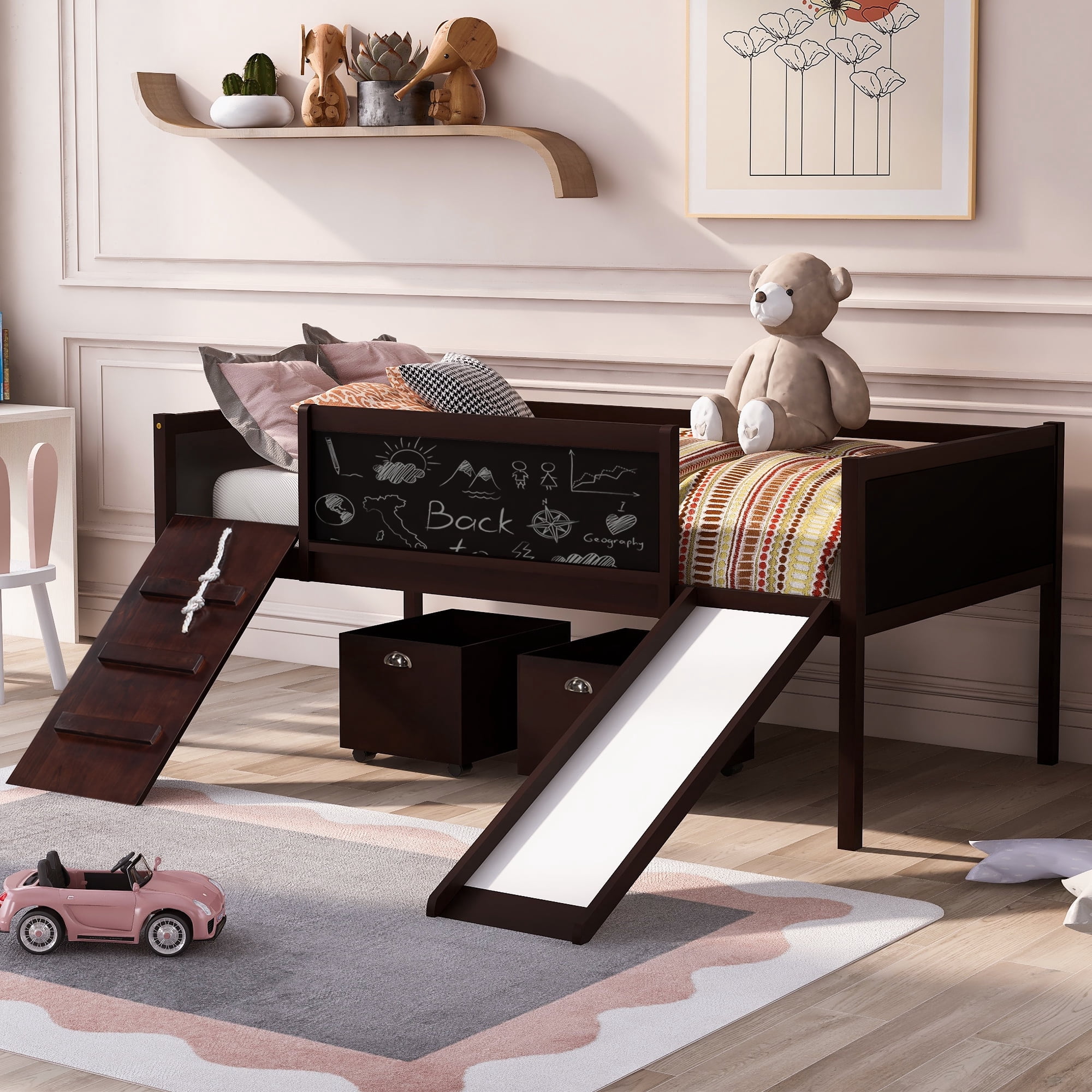 Miniyam Wood Twin Size Loft Bed with Slide, Two Storage Boxes for Kids, Espresso