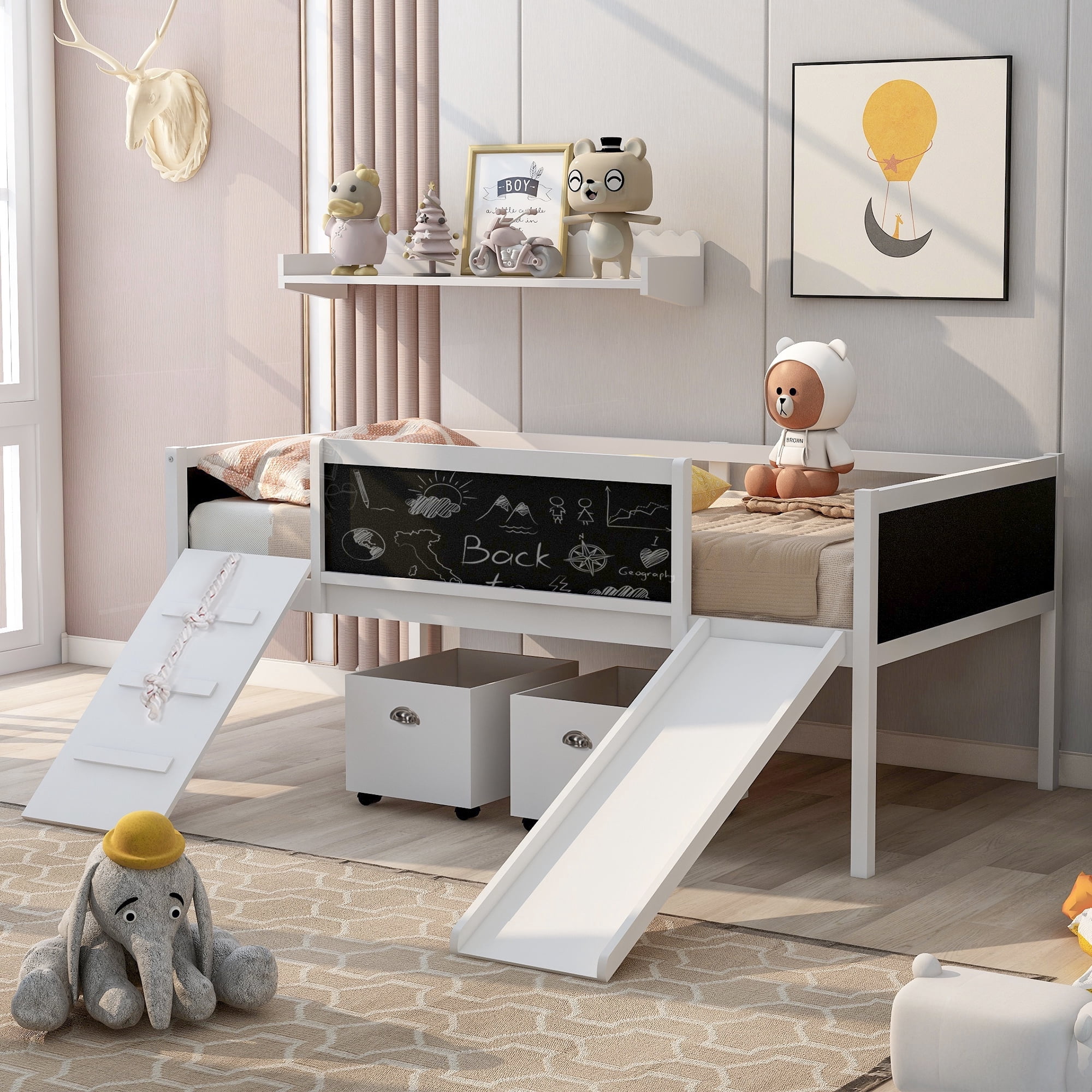 Miniyam Wood Twin Size Loft Bed with Slide, Two Storage Boxes for Kids, White
