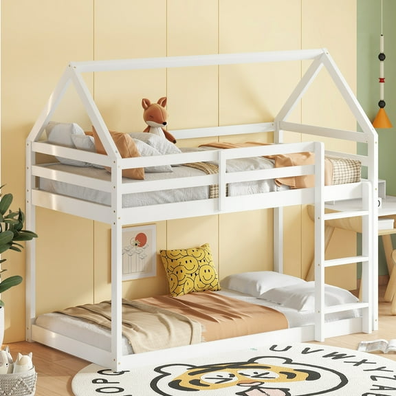 Miniyam Wood Twin over Twin Bunk Bed, House-Shaped Design for Kids and Teens, White