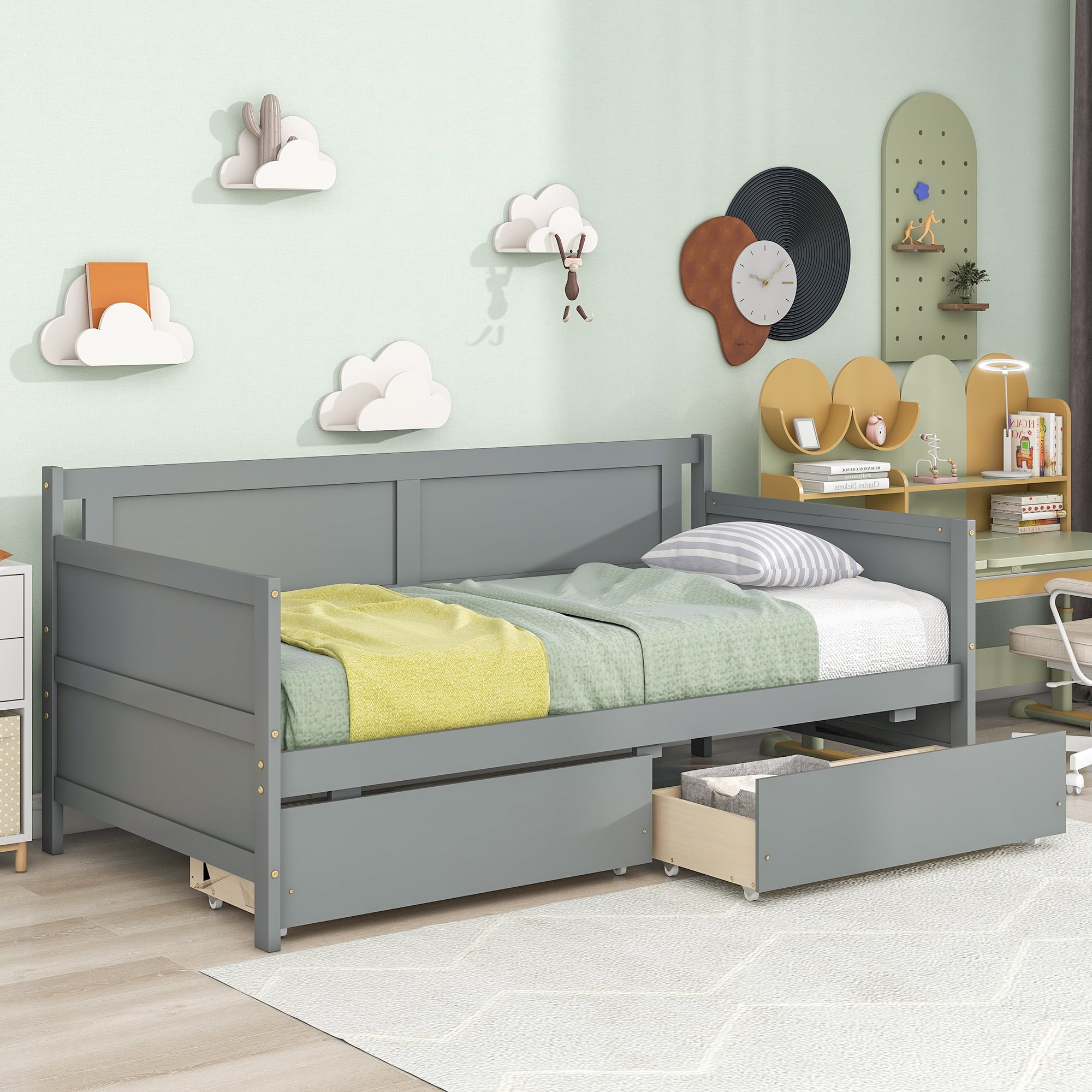 Miniyam Wooden Twin Size Daybed with 2 Drawers, Sofa Bed for Bedroom Living Room, Gray