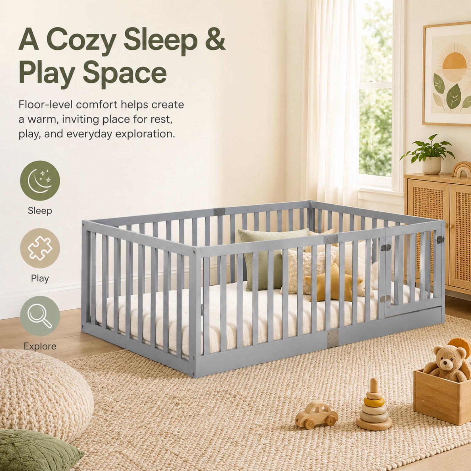 Miniyam Wooden Twin Size Floor Bed for Kids with Door, High Safety Fence, Gray