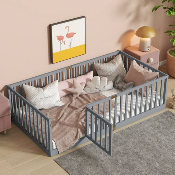Miniyam Wooden Twin Size Floor Bed for Kids with Door, High Safety Fence, Gray