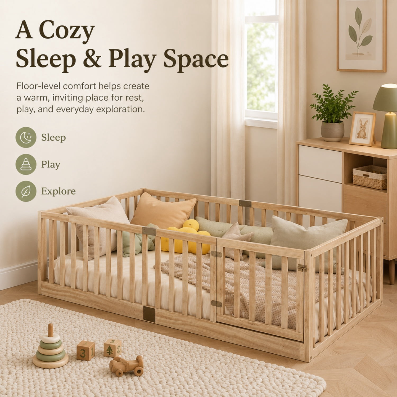 Miniyam Wooden Twin Size Floor Bed for Kids with Door, High Safety Fence, Natural