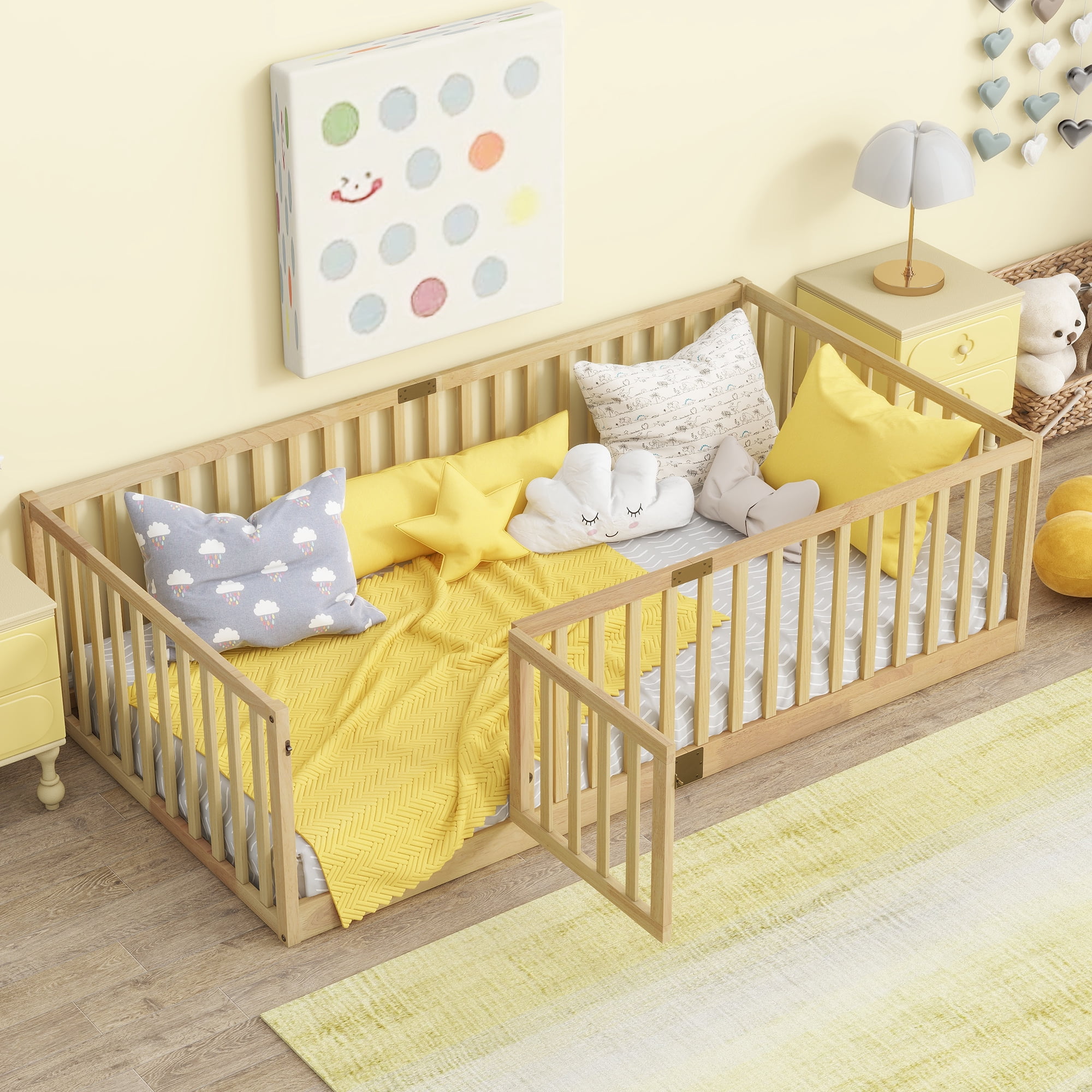Miniyam Wooden Twin Size Floor Bed for Kids with Door, High Safety Fence, Oak