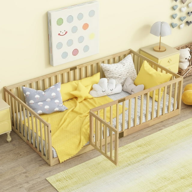 Miniyam Wooden Twin Size Floor Bed for Kids with Door, High Safety Fence, Oak