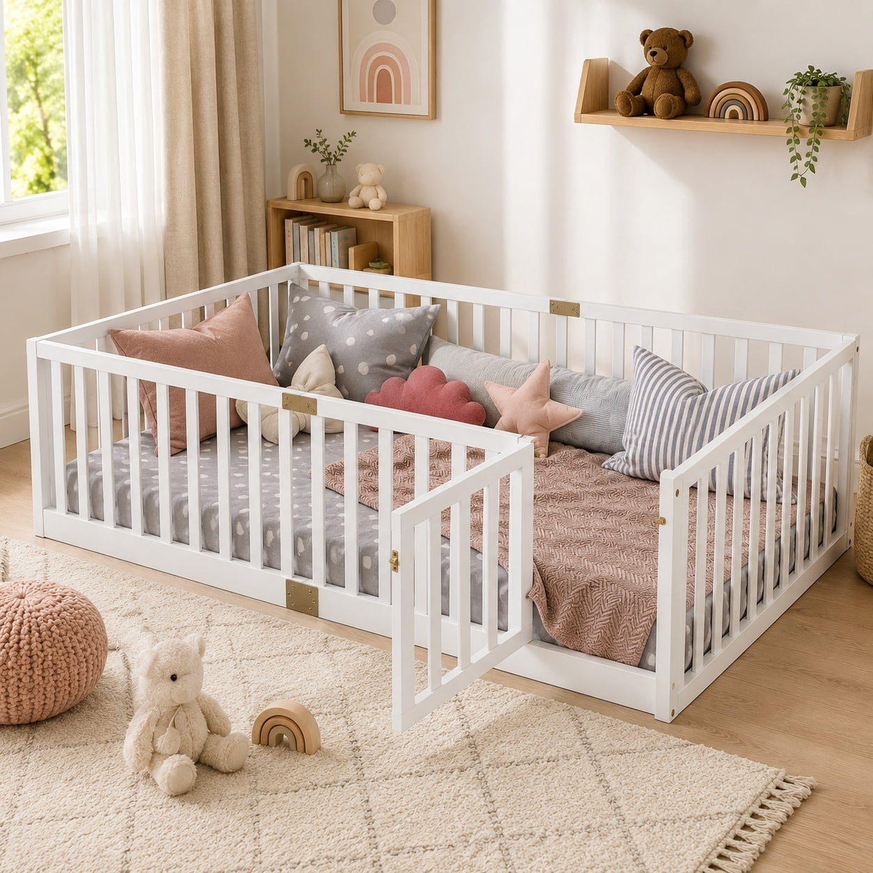 Miniyam Wooden Twin Size Floor Bed for Kids with Door, High Safety Fence, White