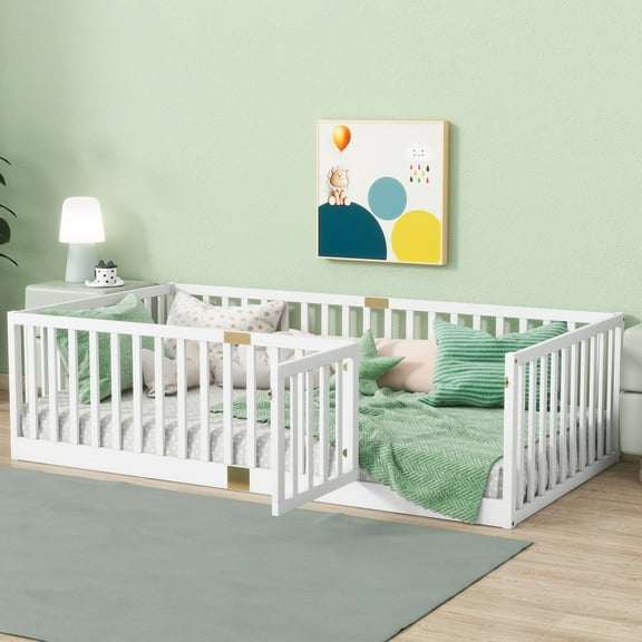 Miniyam Wooden Twin Size Floor Bed for Kids with Door, High Safety Fence, White