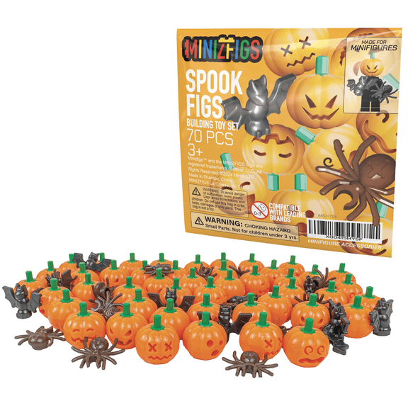 Minizfigs Halloween Spooky Set - 70 Piece Bulk Orange Jack-O-Lantern Pumpkins, Bats, Spiders Classic Building Toy Accessories | 100% Compatible with All Major Brands