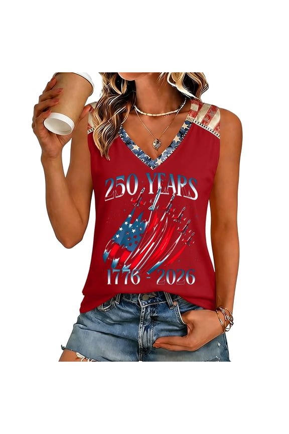 4th of July Tank Tops for Women - V Neck Retro Print Sleeveless Top - 250 Years 1776-2026 USA Pride Patriotic Gym Tank Tops,Red S