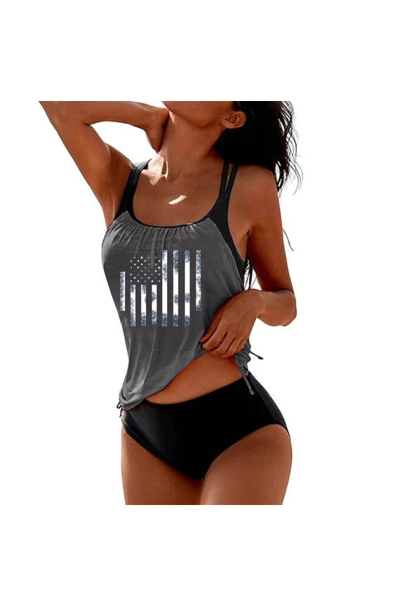 Bathing Suit for Women 4th of July Two-Piece Sexy Bikini with Flag Print, Swimsuit for Women with Padded Bra for USA 250th,Gray S