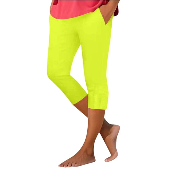 Minjewel Capri Pants for Women - Casual Stretch High Waist Abdominal Yoga Pants Soft Compression - Workout Base 7/8 Length Bottoms,Yellow 2XL