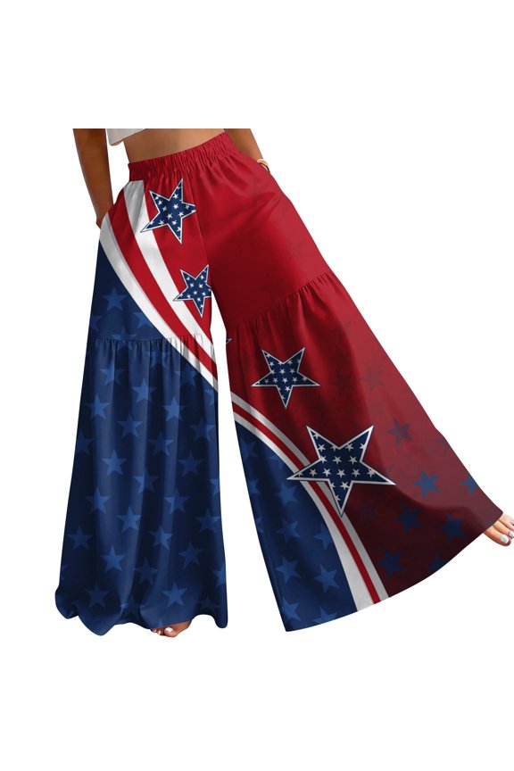 July 4th Pants for Women - Fashion Casual High Waist Loose Lightweight Wide Leg Flowy USA Flag Print - Patriotic Versatile Women's Pants,Royal Blue S