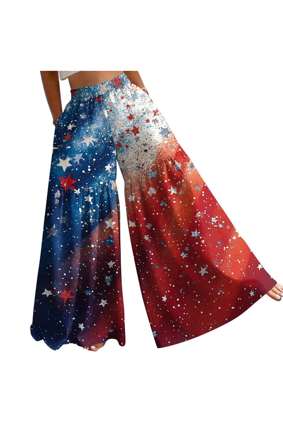 July 4th Pants for Women - Fashion Casual High Waist Loose Lightweight Wide Leg Flowy USA Flag Print - Patriotic Versatile Women's Pants,Wine S