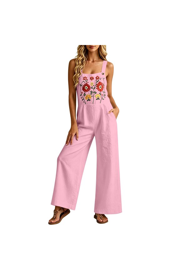 Jumpsuits for Women Dressy - Casual Boho Style Embroidered Floral One Piece Jumpsuit - Womens Jumpsuit Lightweight Summer Outfit,Pink M