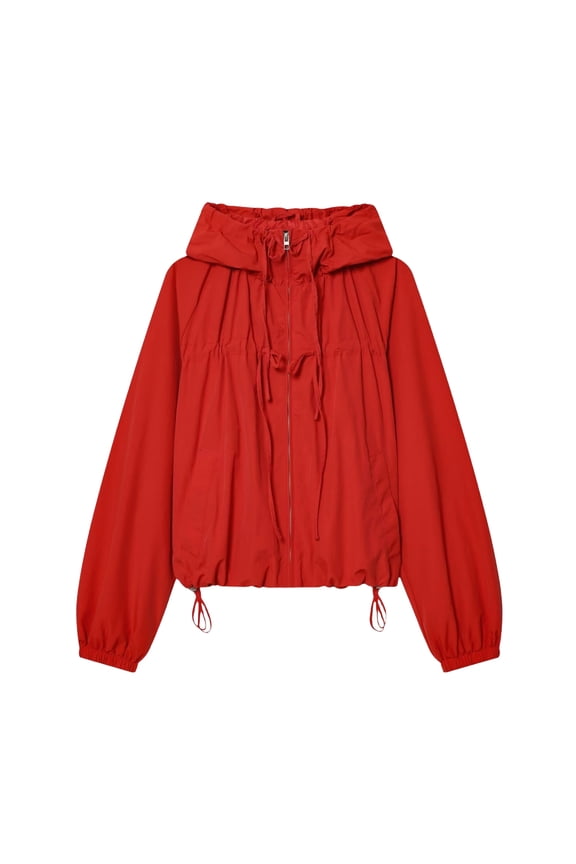 Korean Style Womens Hooded Jacket Loose Fit Nylon Casual Outerwear with Drawstring for Spring Fall Everyday Wear,Red XS