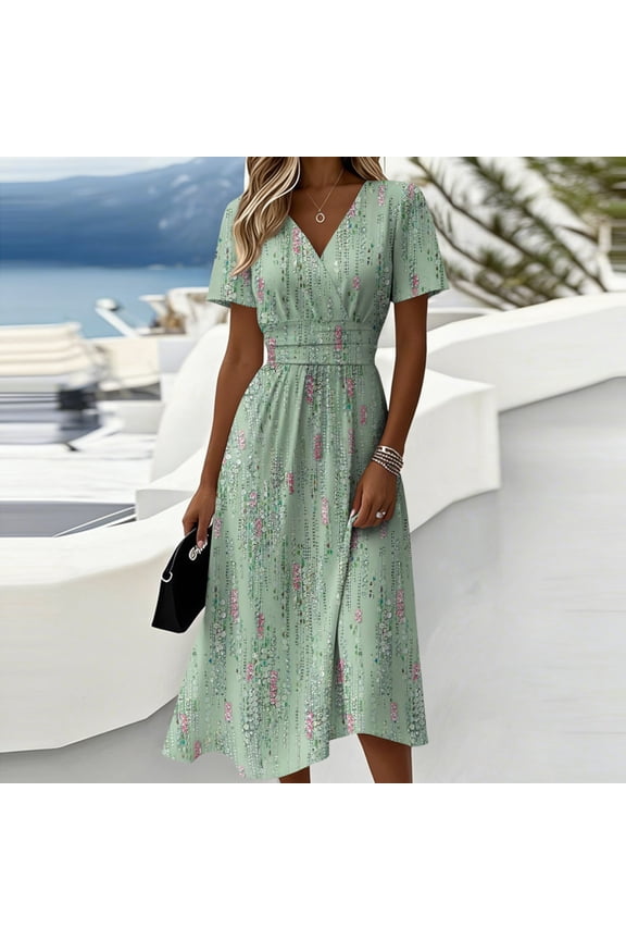 Ladies Floral Casual Fashionable Short Sleeve V-Neck Dress for Spring Summer Women's Daily Casual Wear,Light Green,L