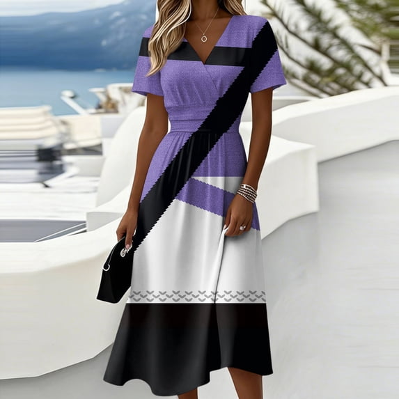 Minjewel Ladies Floral Casual Fashionable Short Sleeve V-Neck Dress for Spring Summer Women's Daily Casual Wear,Purple,L