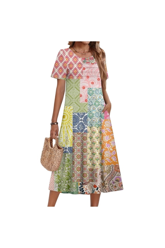 Ladies' Floral Printed Short Sleeve Round Neck Casual Dress - Beautiful Floral Printed Dress for Women, Comfort Fit, Ideal for Daily Wear, Summer Events, and Casual Gatherings,Multicolor,M