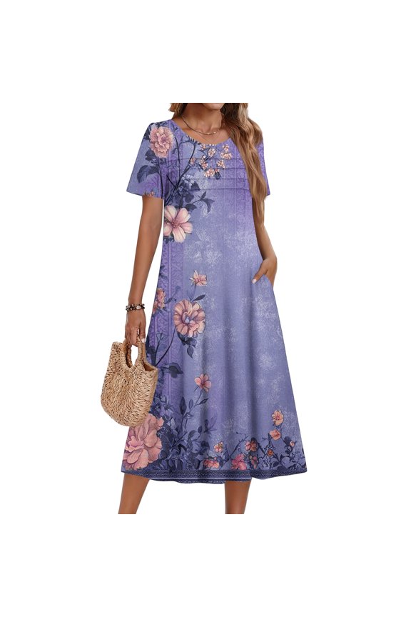 Ladies' Floral Printed Short Sleeve Round Neck Casual Dress - Fashion Summer Dress with Bloom Pattern for Women, Comfort Fit, Versatile for Party, Beach, and Daily Outfit,Blue,S