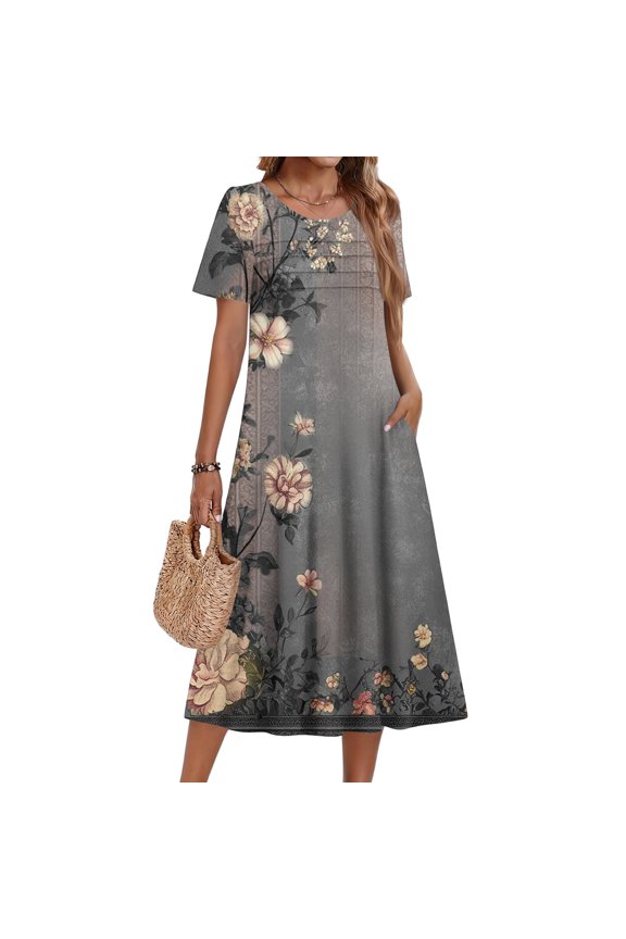 Ladies' Floral Printed Short Sleeve Round Neck Casual Dress - Fashion Summer Dress with Bloom Pattern for Women, Comfort Fit, Versatile for Party, Beach, and Daily Outfit,Dark Purple,S