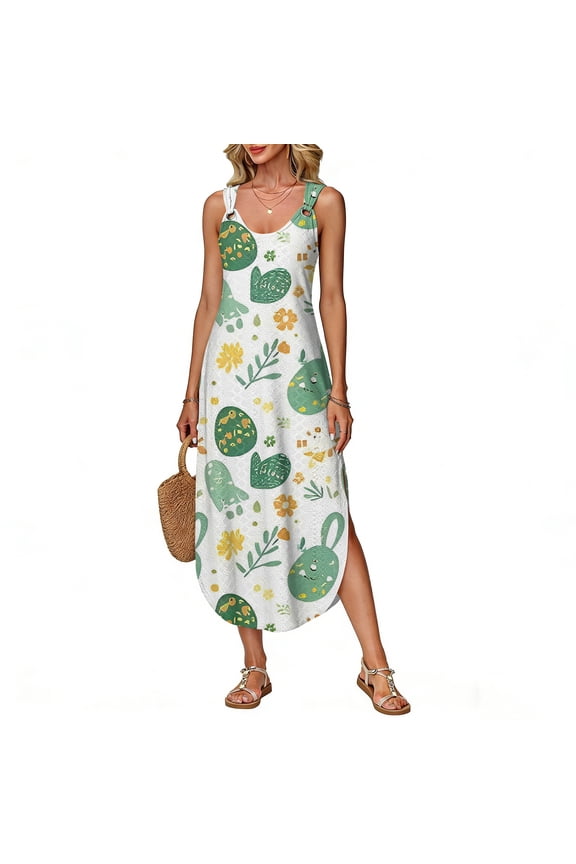 Long Easter Printed Vest Dress Sleeveless Side Slit for Women, Summer Maxi Dress Lightweight Flowy Boho Style Spring Holiday Outfit,Army Green,S