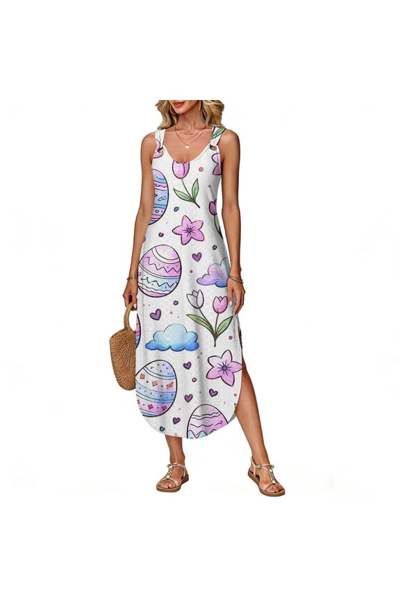 Long Easter Printed Vest Dress Sleeveless Side Slit for Women, Summer Maxi Dress Lightweight Flowy Boho Style Spring Holiday Outfit,Light Purple,S