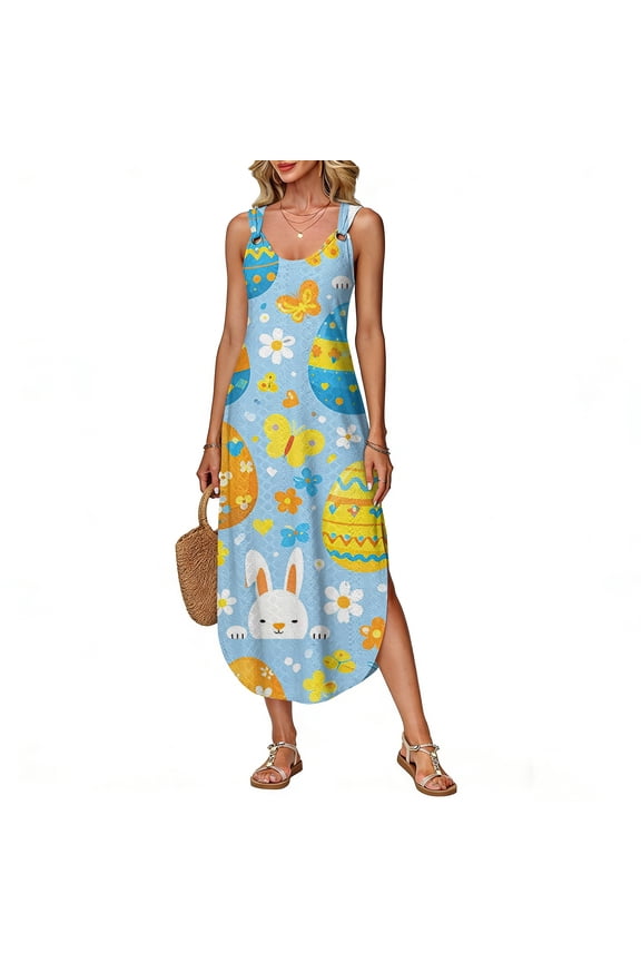 Long Easter Printed Vest Dress Sleeveless Side Slit for Women, Summer Maxi Dress Lightweight Flowy Boho Style Spring Holiday Outfit,Blue,M