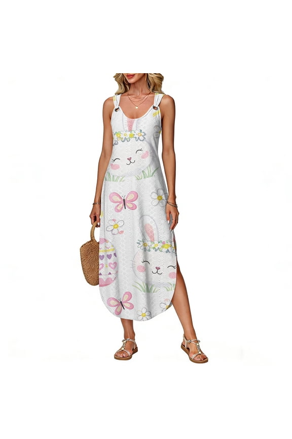 Long Easter Printed Vest Dress Sleeveless Side Slit for Women, Summer Maxi Dress Lightweight Flowy Boho Style Spring Holiday Outfit,White,M