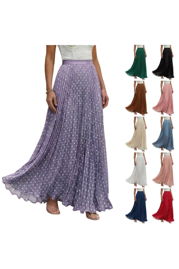 Long Skirts for Women Retro Polka Dot Flounce Pleated Midi Skirt with Elastic Waist for Beach Vacation,Pink M