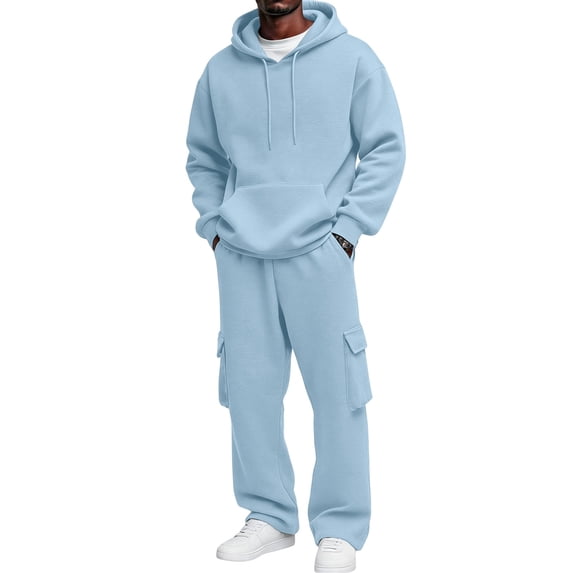 Minjewel Men's Cargo Jogger Set, Zip Up Hoodie and Elastic Waist Cargo Pants Two Piece, Casual Track Suit for Outdoor,Light Blue XL