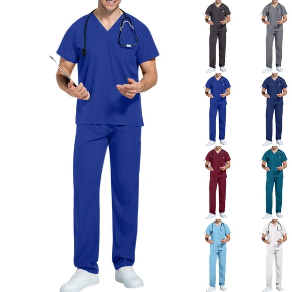 Minjewel Men's Relaxed Fit Short Sleeve Nursing Scrubs Set, Soft & Functional Uniform for Male Healthcare Professionals & Caregivers,Light Blue XL