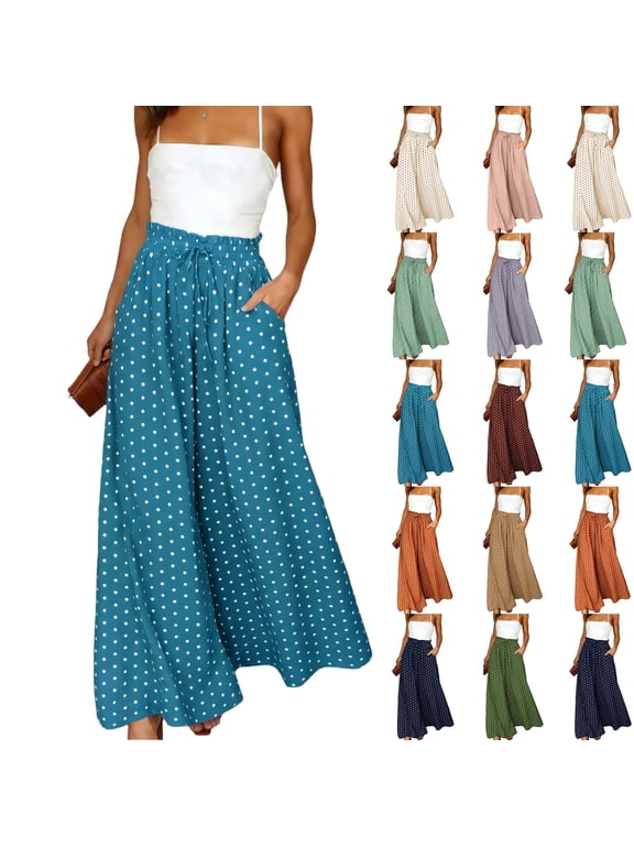 Palazzo Pants for Women Bohemian Culottes - Elastic Waist Polka Dot Print Long Length, Wide Leg Pants for Women Casual Everyday Bottoms, Pants for Women for Summer,Purple S