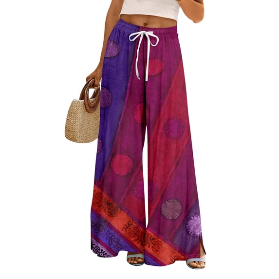 Minjewel Palazzo Pants for Women Print Wide Leg - High Waist Casual Trousers with Pockets Elastic, Wide Leg Pants for Women Boho Summer Trousers, Pants for Women for Beach Daily,Camel 2XL