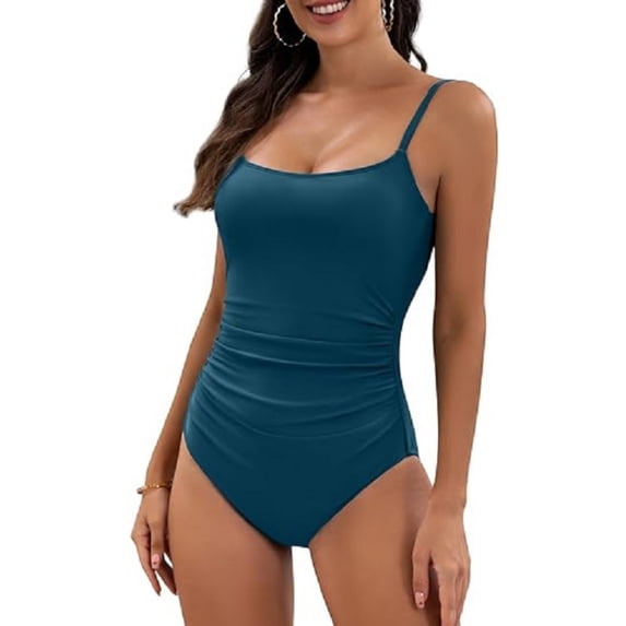 Minjewel Pleated One-Piece Swimsuit for Women: Adjustable Straps and Ruched Design,Slimming Beachwear with High Waist Tummy Control,Dark Green,L