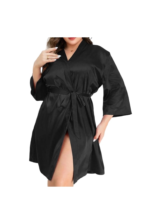 Plus Size Robe Women, Ice Silk Lightweight Open Front Loungewear with Belt, Breathable Summer Home Wear for Outdoor,Black XL