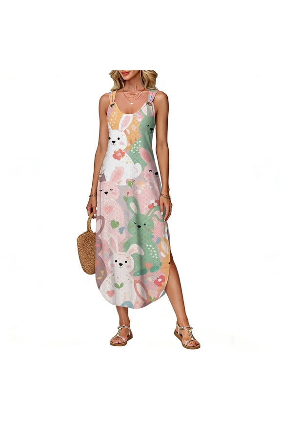 Sleeveless Long Easter Printed Vest Dress with Side Slit, Women's Summer Maxi Dress Flowy Lightweight Boho Style for Seasonal Celebration,Light pink,S
