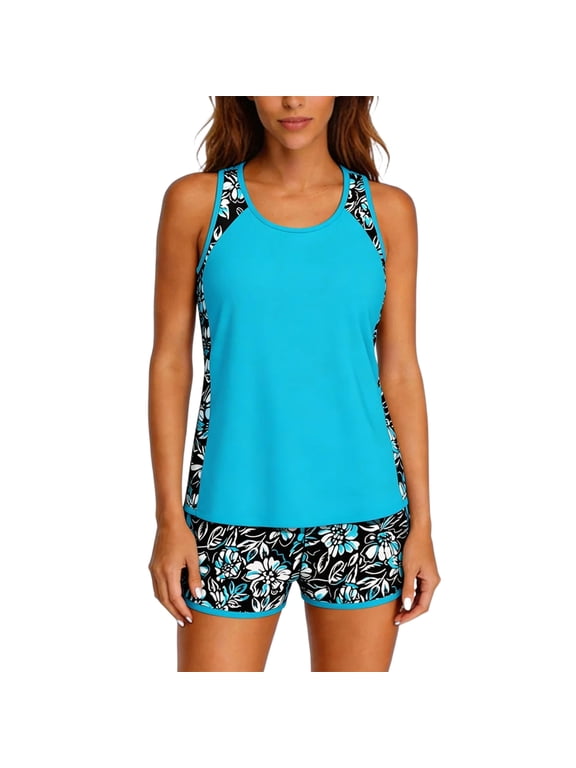 Sporty Tankini Swimwear for Women 2026 Two Piece Swimsuit with Vest and Printed Shorts Athletic Training Set,Cyan L