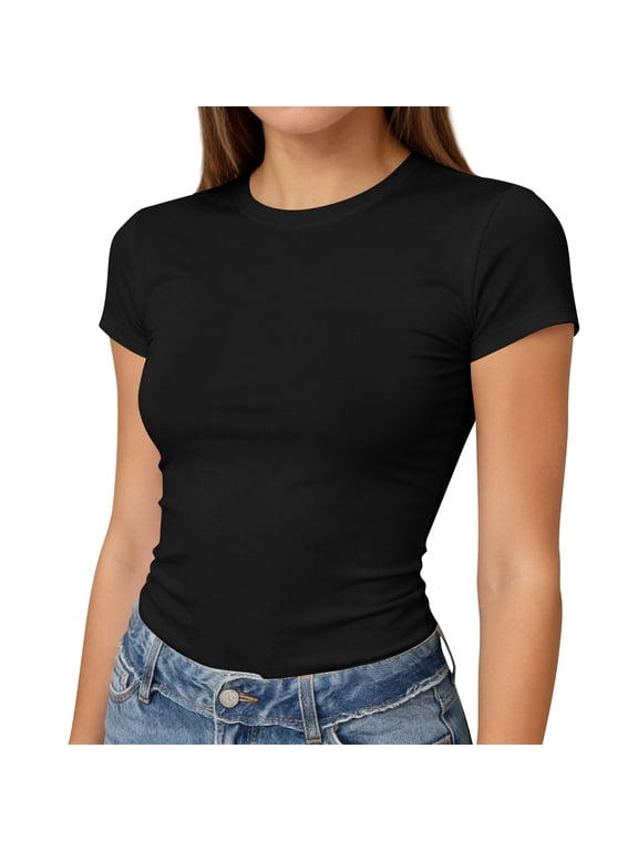 Summer Tops for Women , Slim Fit Base Layer Thin Stretchy Round Neck Short Sleeve Tee , Womens Summer Tops,Black M