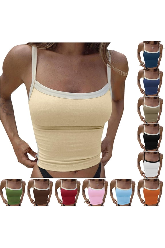 Tank Tops for Women Basic Double Lined Scoop Neck Adjustable Cami Tank Color Block Slim Fit Backless Sleeveless Top for Summer,Red M