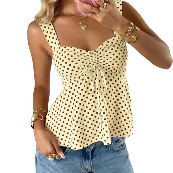 Minjewel Tank Tops with Built in Bras - Fashionable Casual Polka Dot Print Twisted Knit Sleeveless Top - Chic Everyday Camisole,Beige S