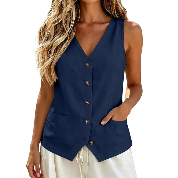 Minjewel Tops for Women Sleeveless Vest Top - with Pockets Pullover Casual Summer Tank, Tank Tops for Women Modern Stylish Top, Womens Summer Tops for Everyday Wear,Navy 2XL