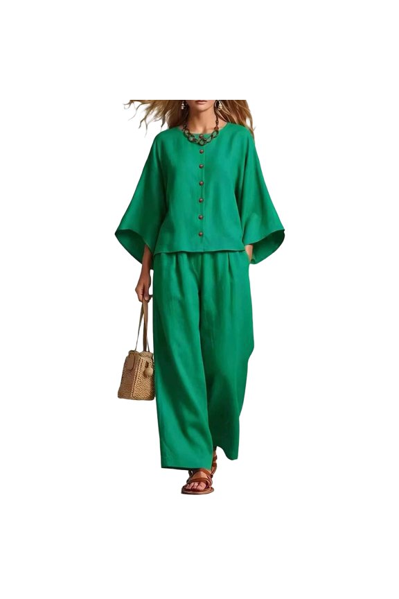 Two Piece Sets for Women , Solid Round Neck Button 3/4 Sleeve Blouse and Elastic Waist Casual Pants , Womens Summer Outfits,Green S