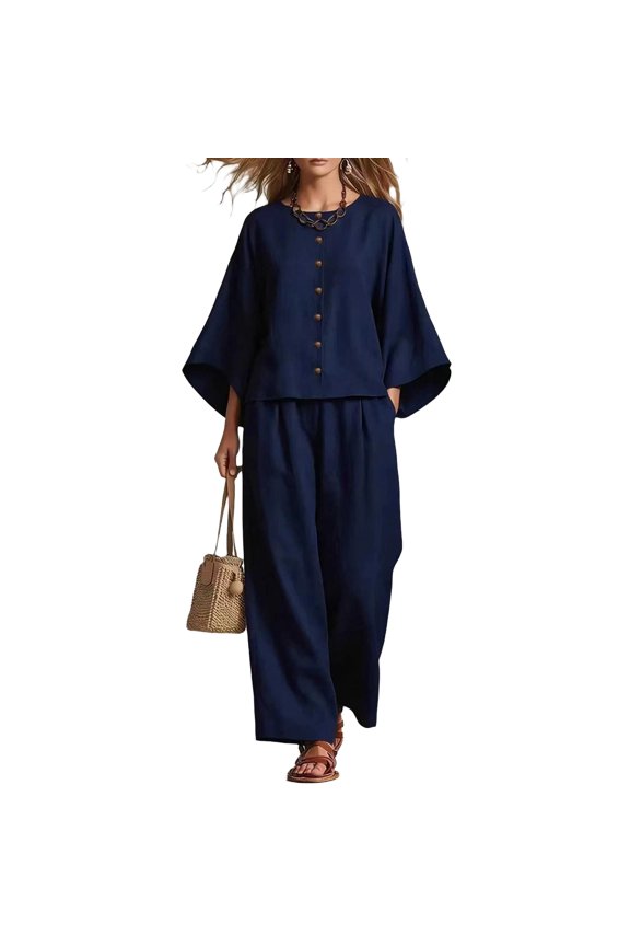 Two Piece Sets for Women , Solid Round Neck Button 3/4 Sleeve Blouse and Elastic Waist Casual Pants , Womens Summer Outfits,Navy S