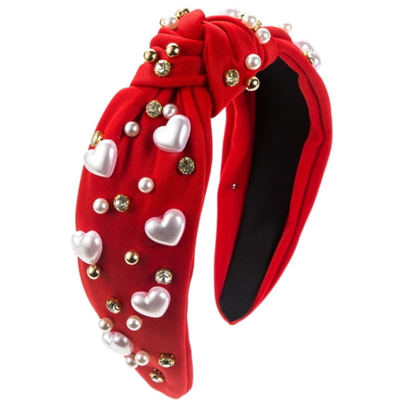 Minjewel Valentine's Day Heart & Pearl Wide Brim Headband for Women, Trendy Elegant Hair Accessory, Valentine Party Wedding & Special Occasions,C
