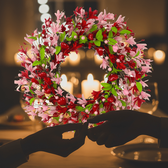 Minjewel Valentine's Day Wreath, 20 Inch Adorned with Forsythia, Heart-shaped Berries, Green Leaves, Perfect Front Door Wreath, Home Decor