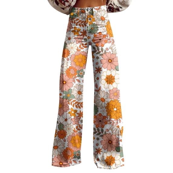 Minjewel Wide Leg Pants for Women Vintage Floral High - Waisted Baggy Pants Loose with Pockets, Palazzo Pants for Women Retro Boho Summer Style, Pants for Women for Vacation,Saffron L