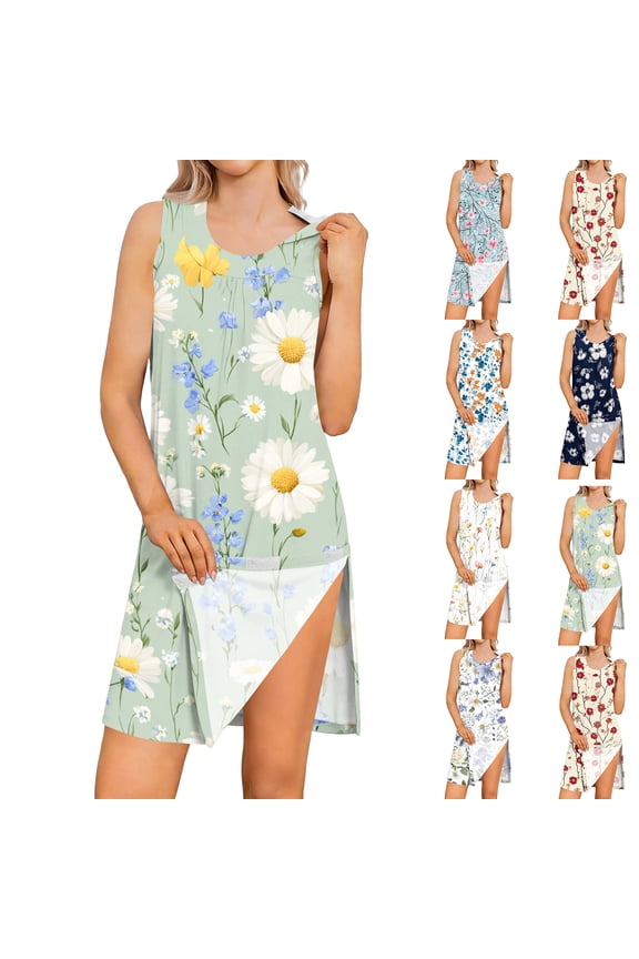Women Floral Print Sleeveless Post Shoulder Surgery Dress Side Full Open Chemo Port Adaptive Nightgown, Sky Blue, Size L