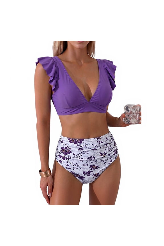 Women High Waist Ruffled 2 PC Bikini Swimsuit Fashion Beach Bathing Suit, Purple L