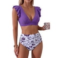 thumbnail image 1 of Minjewel Women High Waist Ruffled 2 PC Bikini Swimsuit Fashion Beach Bathing Suit, Purple XL, 1 of 6
